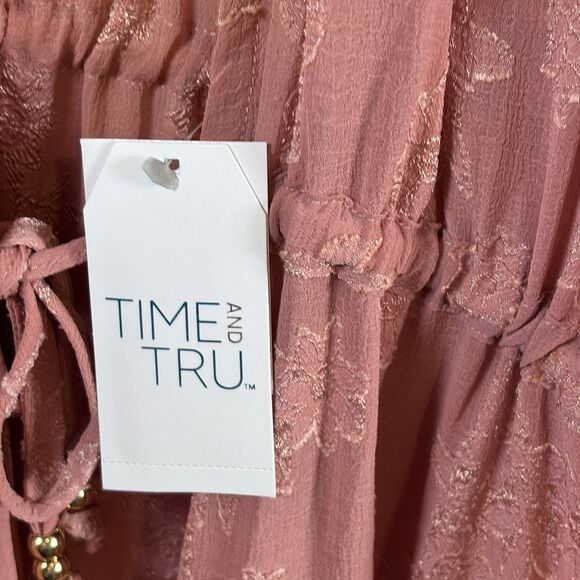 Time & Tru Pink Floral Laced Tie Front Long Lined Duster Kimono Cover Up Sz M - Picture 6 of 8